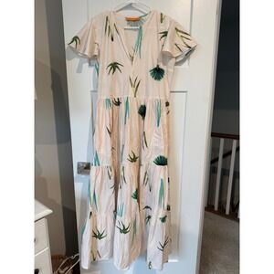 Oliphant Women Cream Green Tropical Botanical Tiered V-Neck Flutter Maxi Dress S